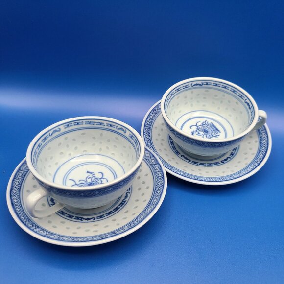 Other - 2 Vintage Jingdezhen China Rice Grain Blue White Porcelain Cups Saucer
